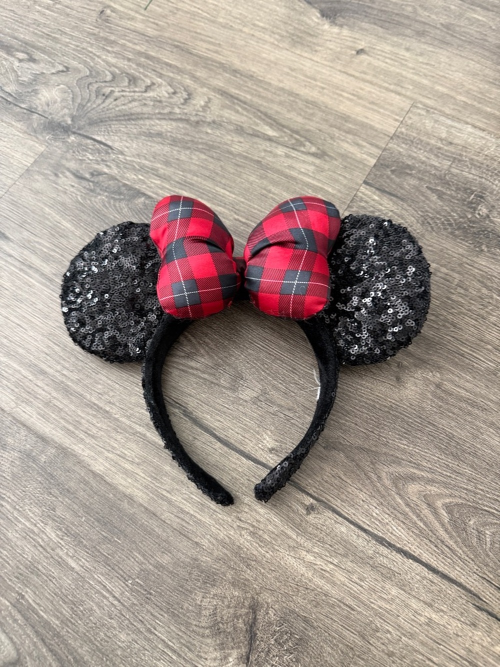 DISNEYLAND Black Sequin Minnie-Style Ears Headband with Red Plaid Bow-  ❤️